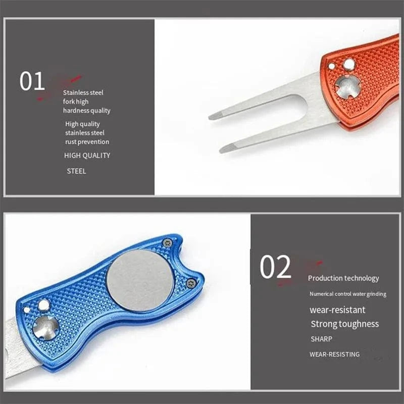 Back Nine Finds Foldable Golf Divot Tool | Green Repair Fork with Ball Marker & Groove Cleaner