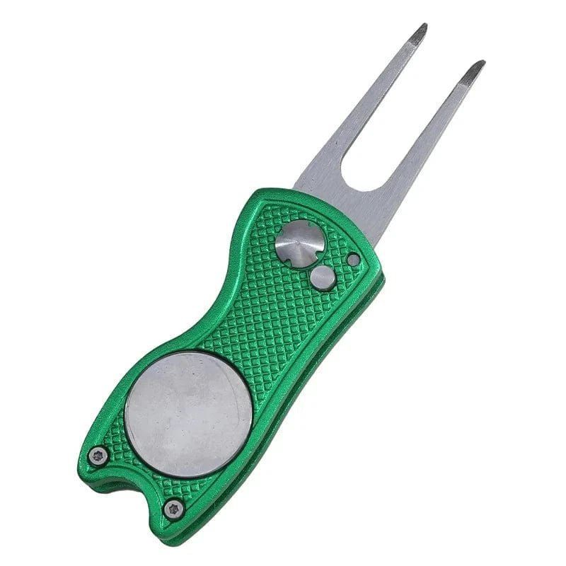 Back Nine Finds green Foldable Golf Divot Tool | Green Repair Fork with Ball Marker & Groove Cleaner