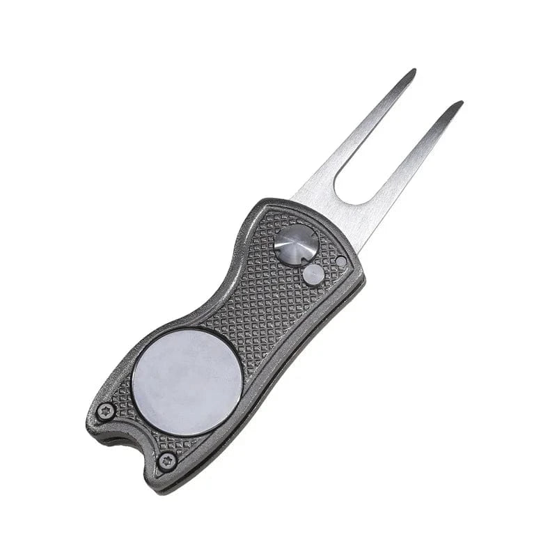 Back Nine Finds grey Foldable Golf Divot Tool | Green Repair Fork with Ball Marker & Groove Cleaner