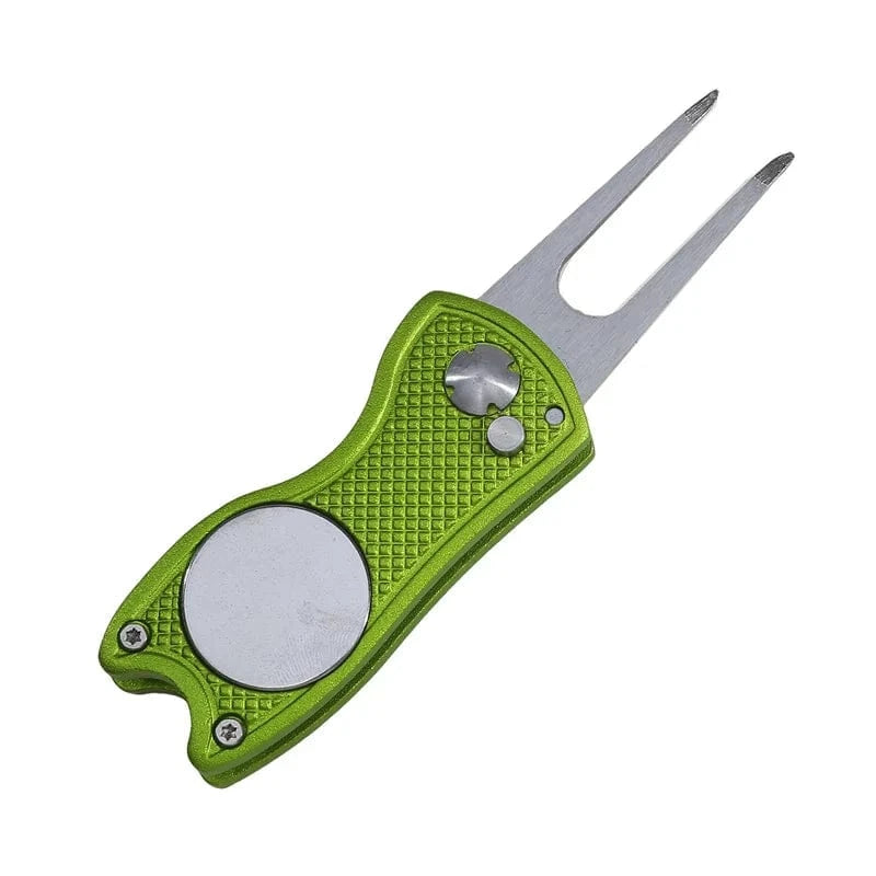 Back Nine Finds Lime green Foldable Golf Divot Tool | Green Repair Fork with Ball Marker & Groove Cleaner
