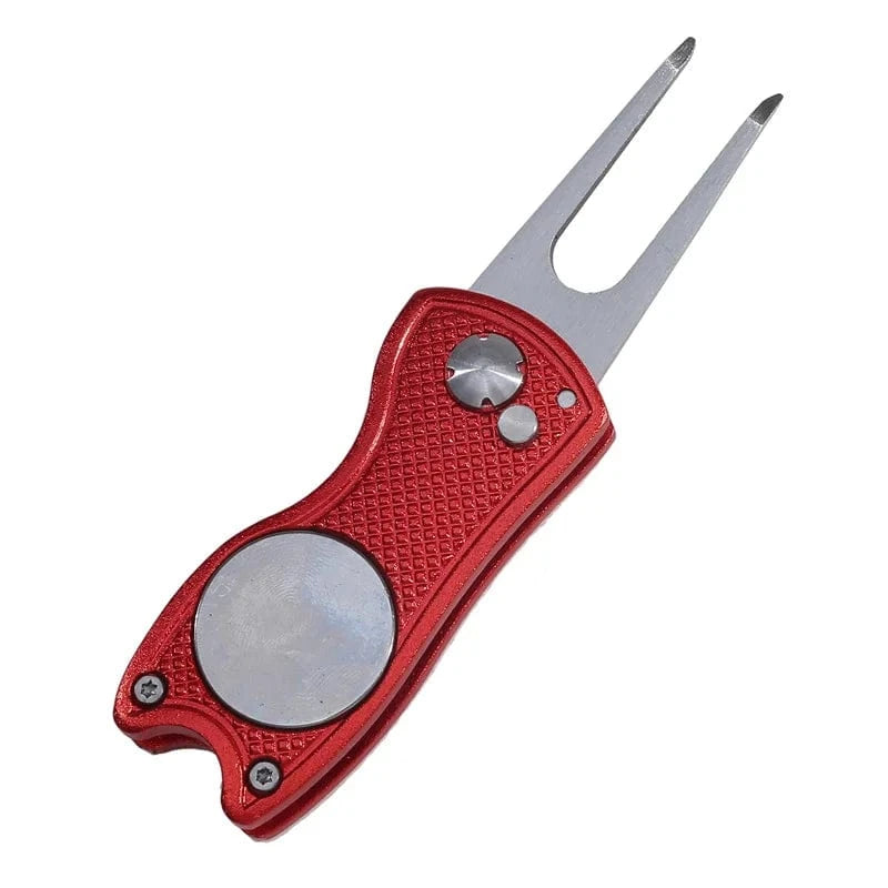 Back Nine Finds red Foldable Golf Divot Tool | Green Repair Fork with Ball Marker & Groove Cleaner