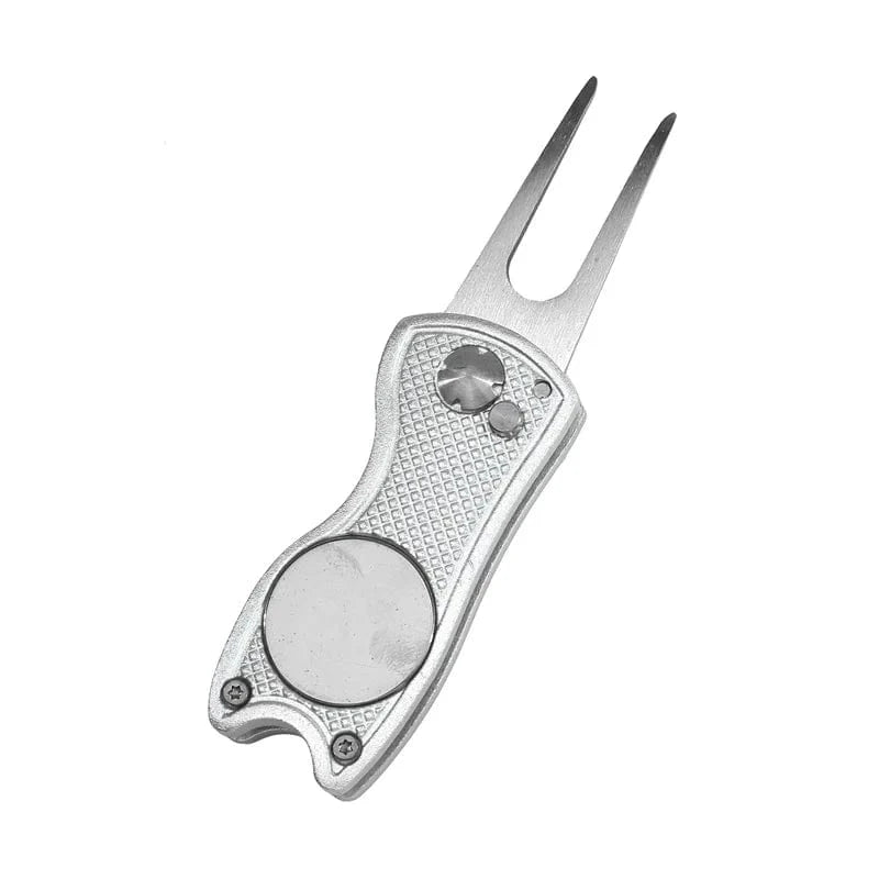 Back Nine Finds silver Foldable Golf Divot Tool | Green Repair Fork with Ball Marker & Groove Cleaner